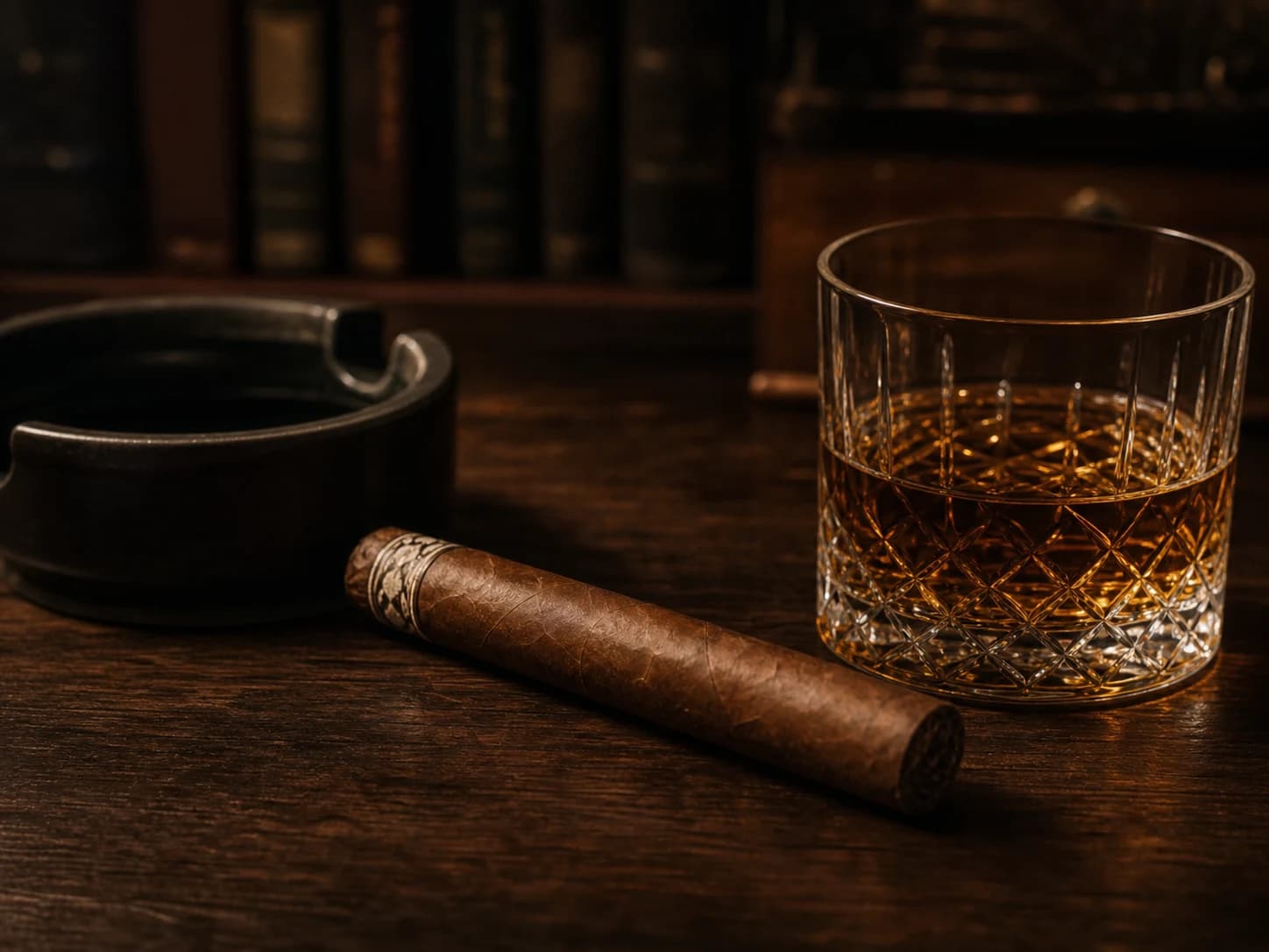 An unlit cigar beside a glass of amber whisky on a dark wooden table