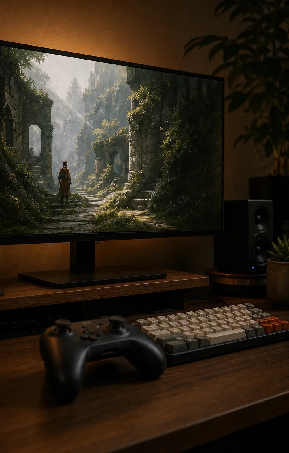 A warm gaming desk with a controller, mechanical keyboard, and fantasy landscape on a monitor