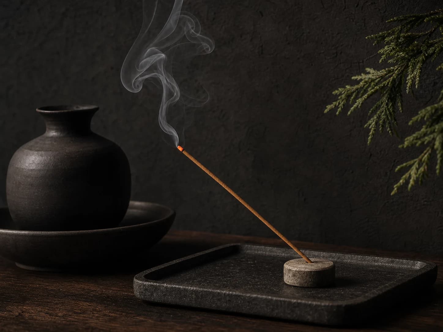 An incense stick sending a thin curl of smoke past a dark ceramic vessel