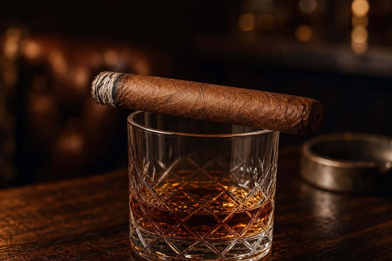 A cigar balanced over a cut-glass tumbler of amber whisky
