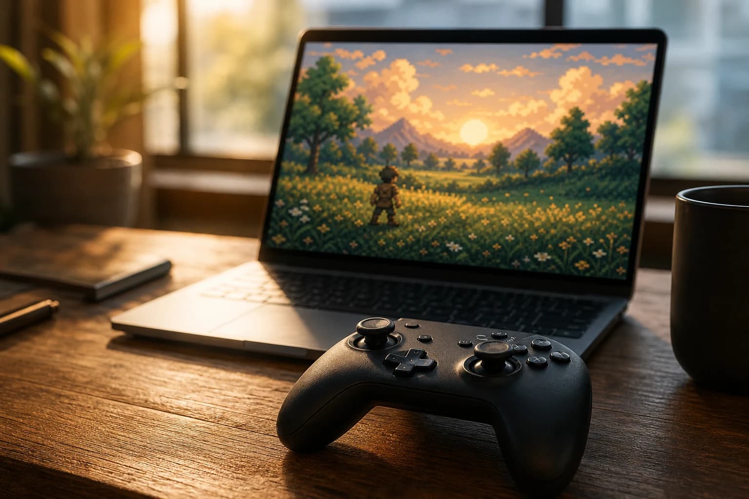 A controller in front of a laptop showing a pixel-art meadow at sunset