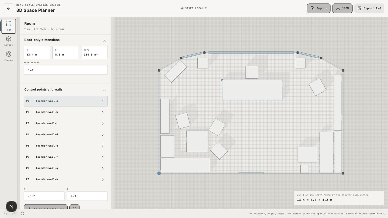 3D Space Planner editor showing a founder office floor plan