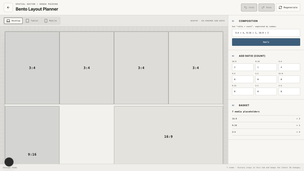 Bento Layout Planner editor showing a dense media arrangement